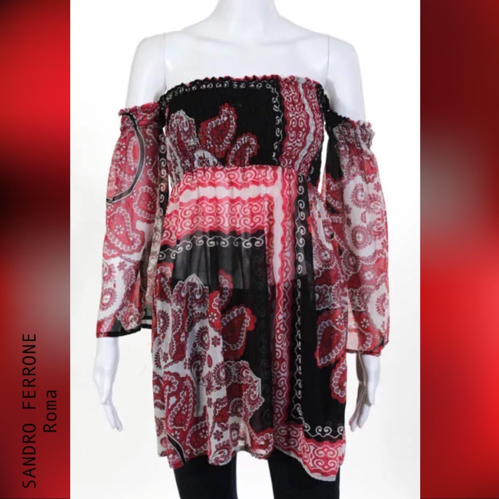 SANDRO FERRONE Sheer Red/Blk Off Shoulder Blouse